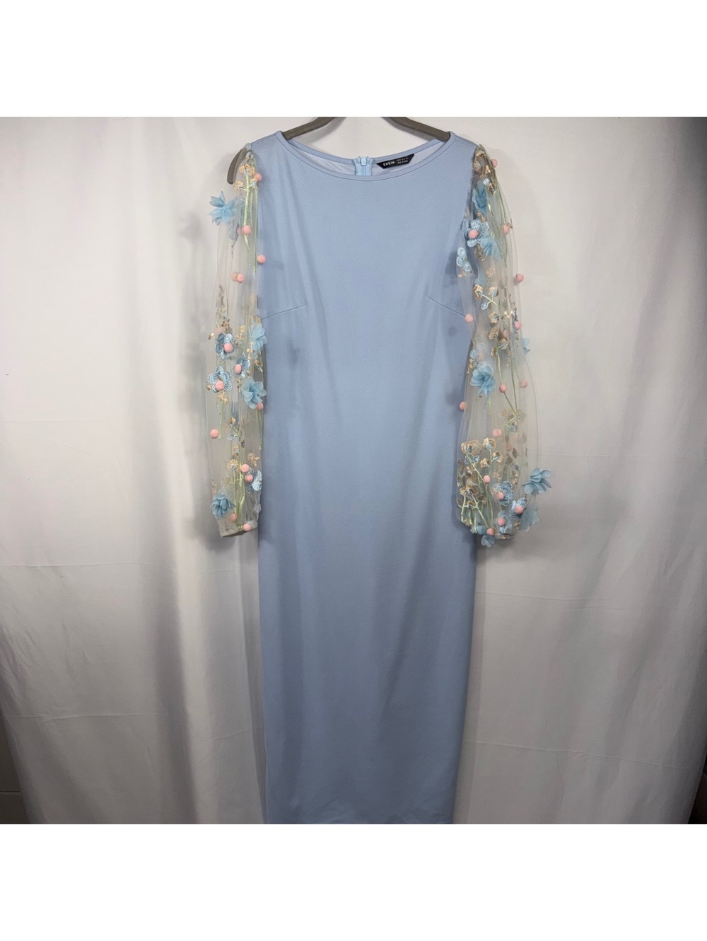 SHEIN Floral Mesh Sleeve Maxi Dress M Blue